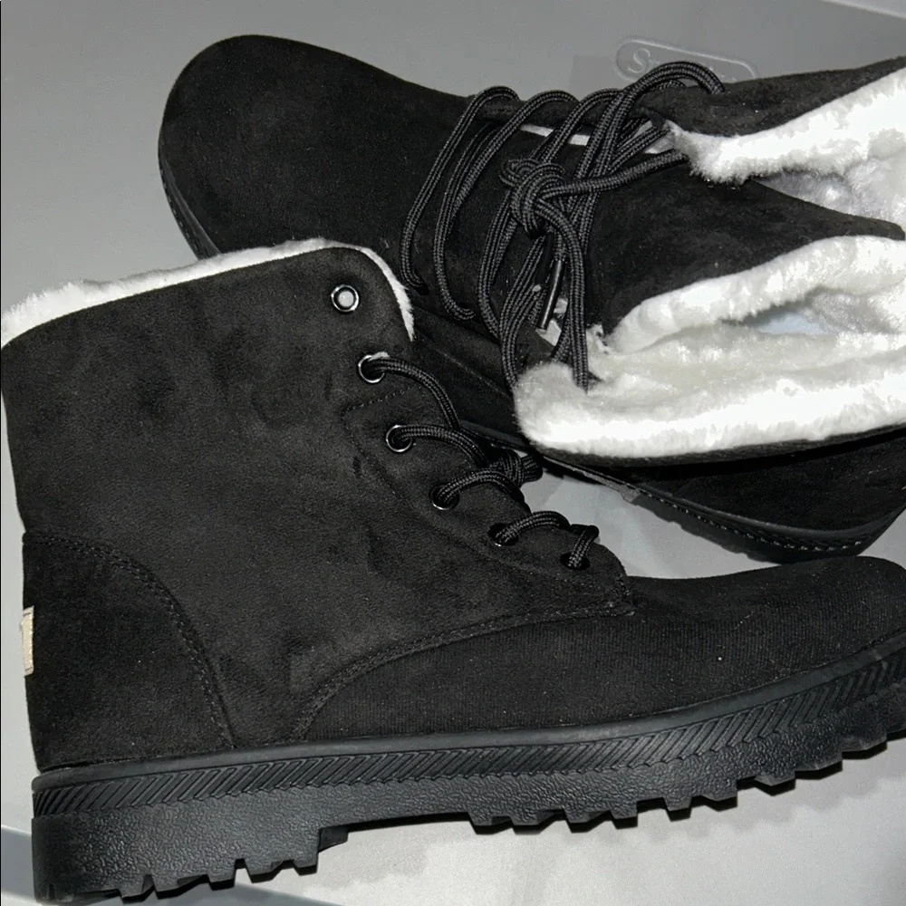 Amazon Black Lace-Up Winter Boots with White Faux-Shearling Lining